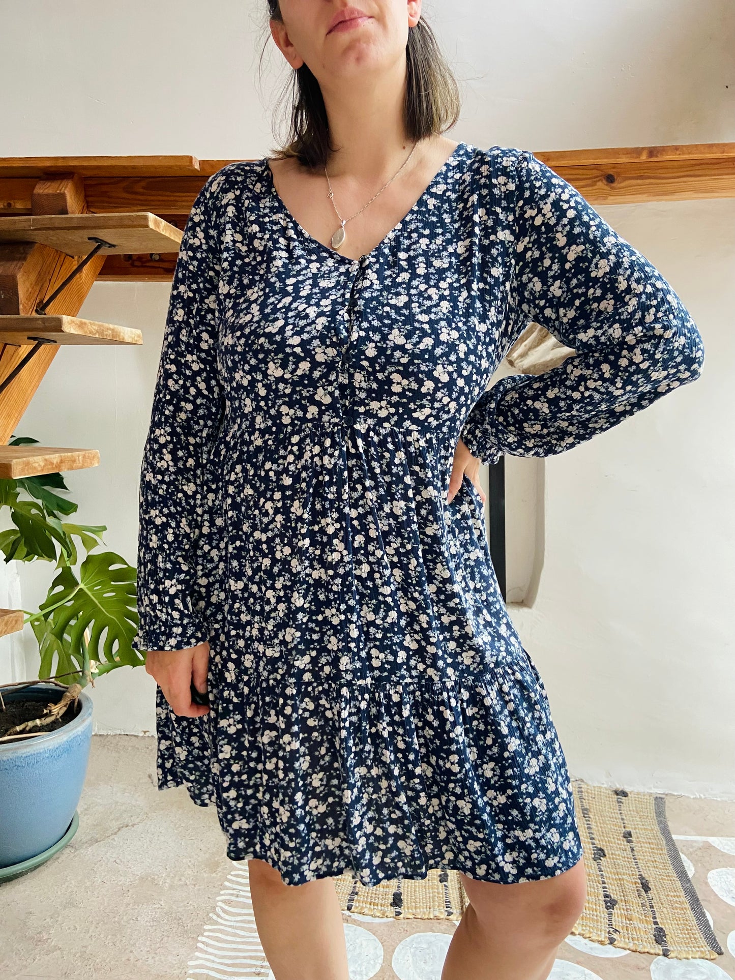 VINTAGE 90's Floral Blue Long Sleeve Dress - M/L