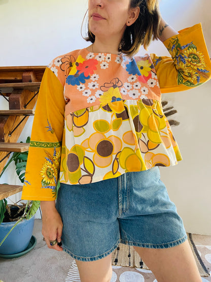 DESERT FOX Patchwork Orange Sunflower Floral Ruffle Top - M/L