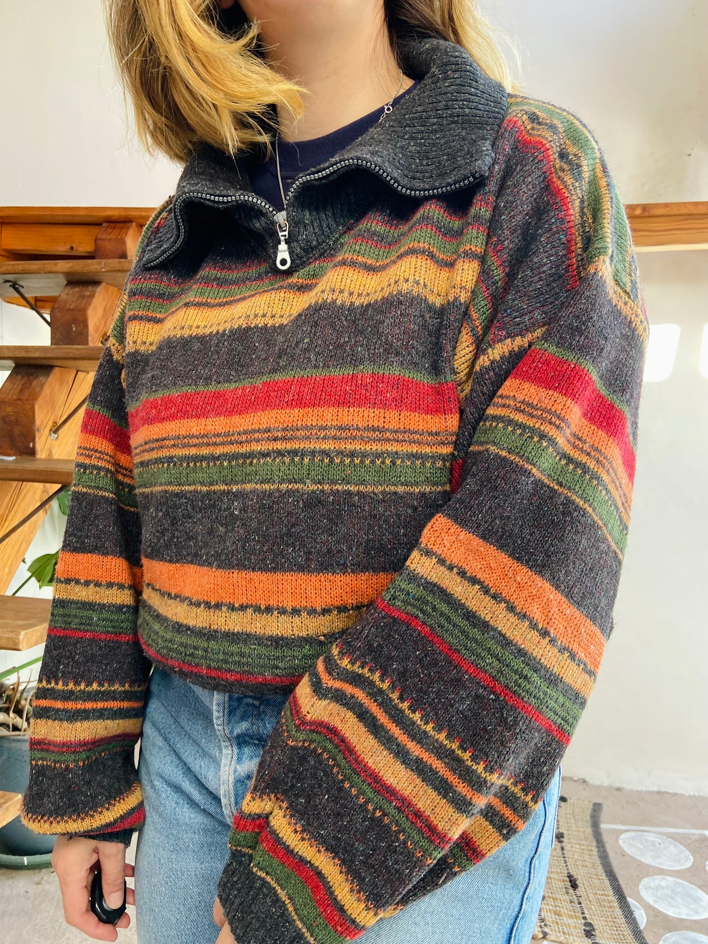 VINTAGE 90’s Multicolour Grey Stripe Oversized Jumper - L
