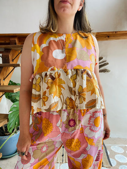 DESERT FOX Penelope Patchwork 70's Floral Print Side Tie Top - M/L