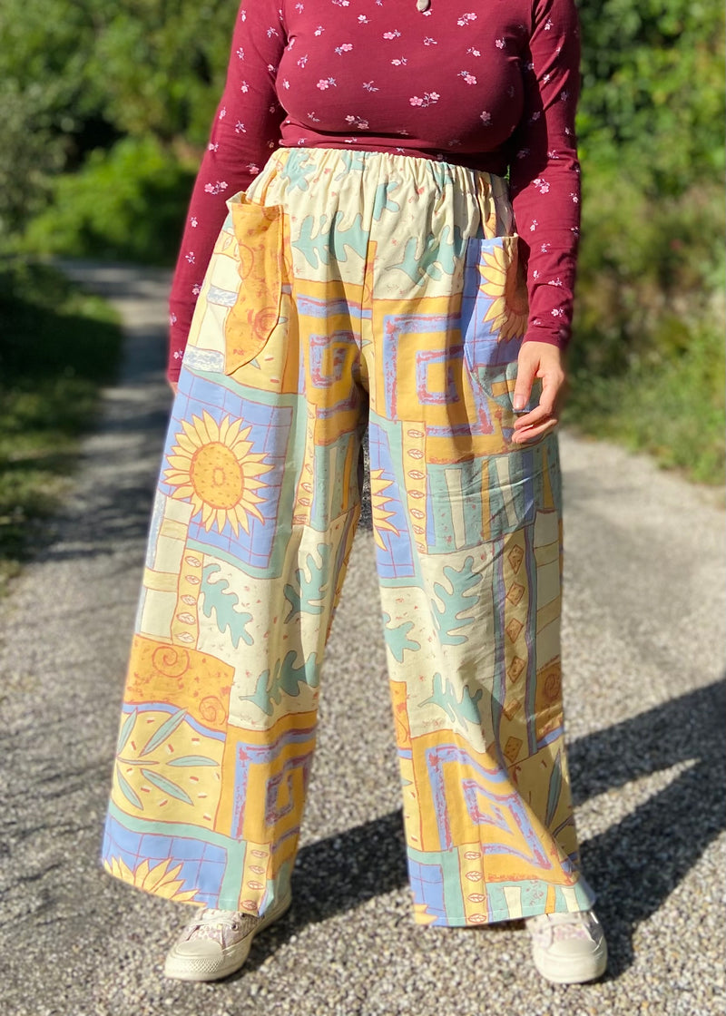 DESERT FOX Mia Wide Leg Trousers - Sunflower Patchwork Print - S/M