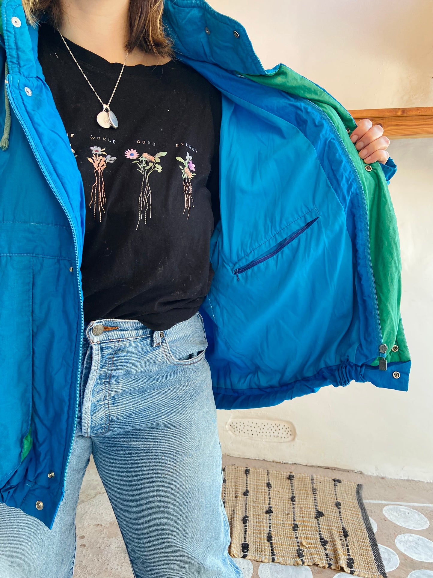 VINTAGE 80's Retro Blue & Green Raincoat Funky - L/XL