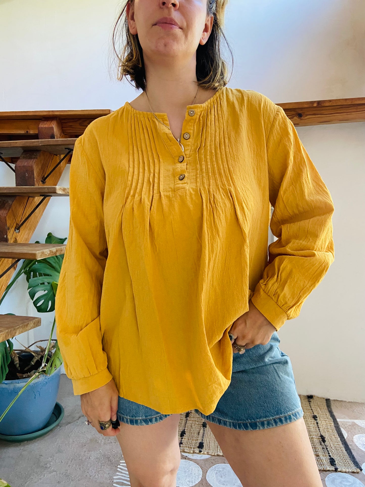 VINTAGE Yellow Long Sleeve Bohemian Tunic Top L/XL