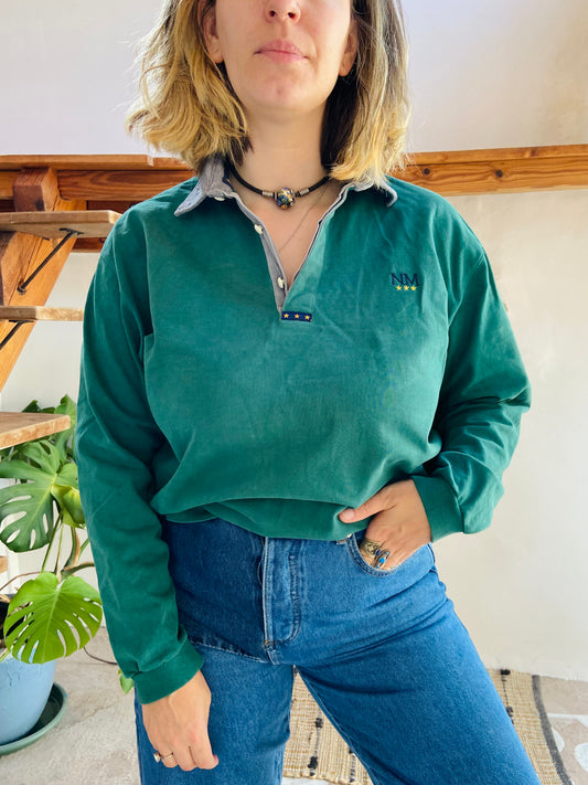 VINTAGE 90's Long Sleeve Green Polo Top - M/L