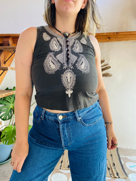 VINTAGE 90's Bohemian Embroidered Crop Top - S