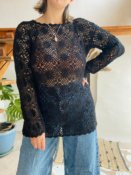 VINTAGE 90’s Black Crochet Long Sleeve Jumper Top - M/L