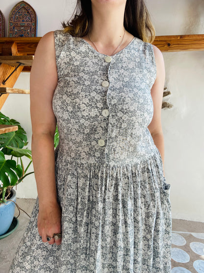 VINTAGE 90's Grey Floral Midi Dress - S/M