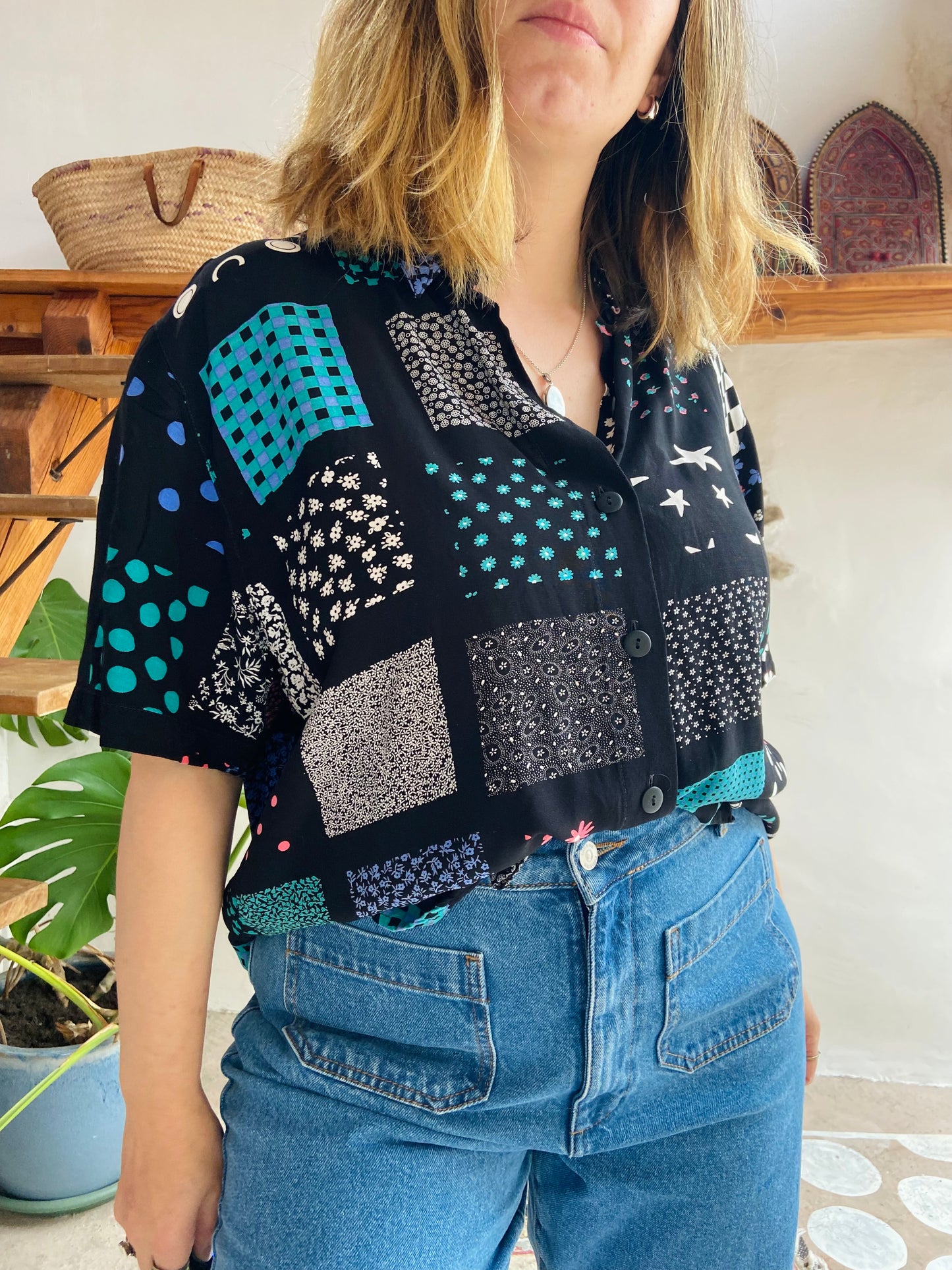 VINTAGE 80’s Patchwork Style Short Sleeve Shirt - M/L