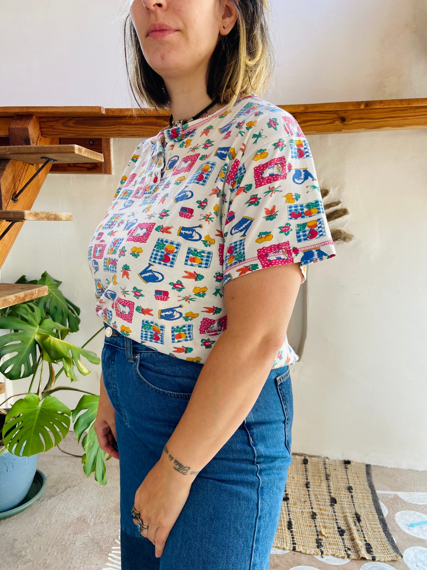 VINTAGE 90's Vegetable Pattern Short Sleeve T-shirt - M