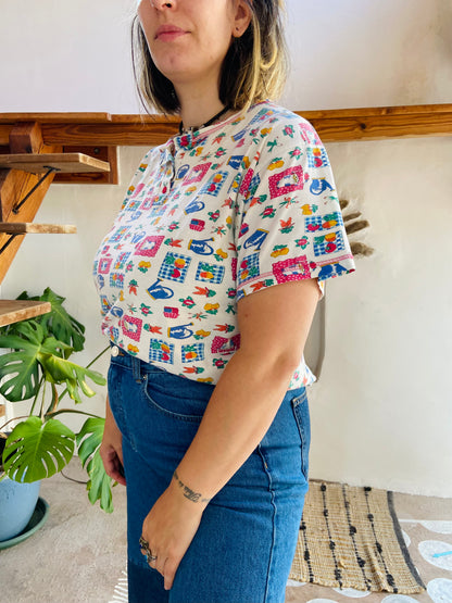 VINTAGE 90's Vegetable Pattern Short Sleeve T-shirt - M