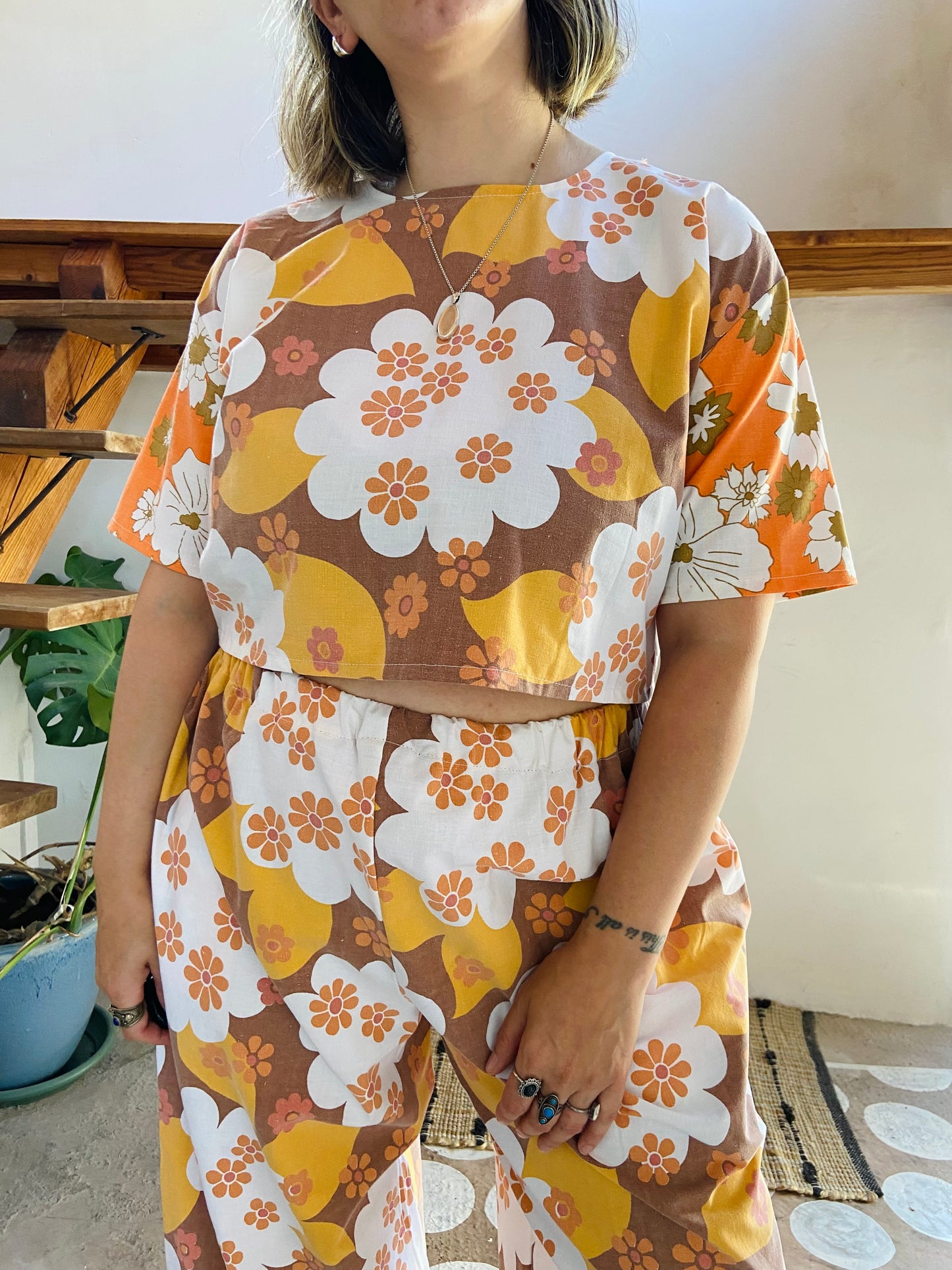 DESERT FOX 70’s Orange Floral Co-Ord Trousers & Top Set - M/L