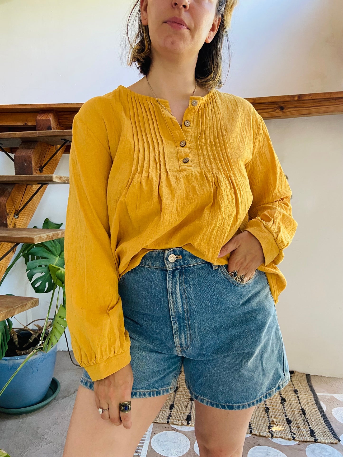 VINTAGE Yellow Long Sleeve Bohemian Tunic Top L/XL