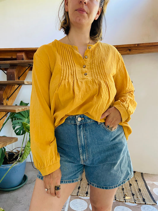 VINTAGE Yellow Long Sleeve Bohemian Tunic Top L/XL
