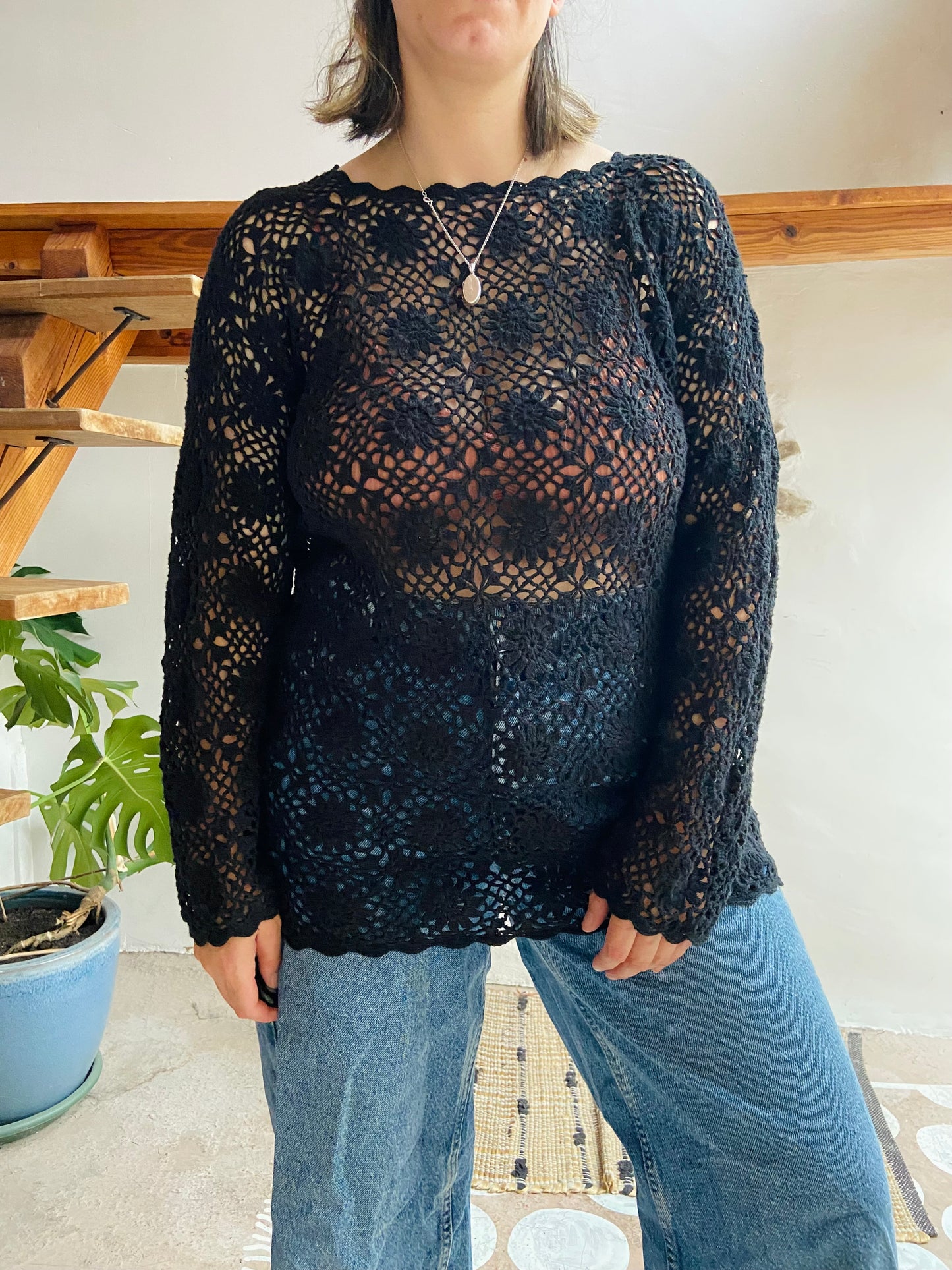 VINTAGE 90’s Black Crochet Long Sleeve Jumper Top - M/L