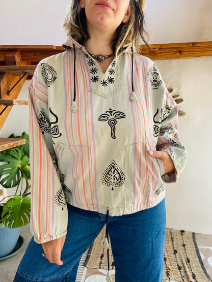 VINTAGE 90's Hippie Batik Long Sleeve Hooded Top - M/L