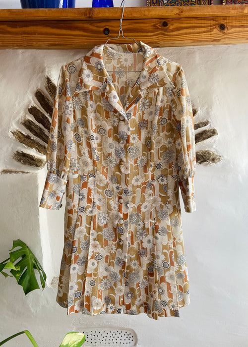 VINTAGE 70’s Floral Brown Midi Dress - S