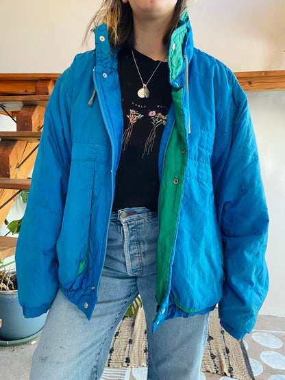 VINTAGE 80's Retro Blue & Green Raincoat Funky - L/XL