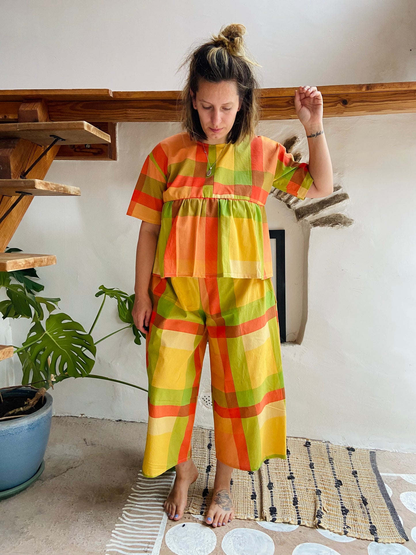 DESERT FOX Orange Checked Stripe Wide Leg Trousers - S/M