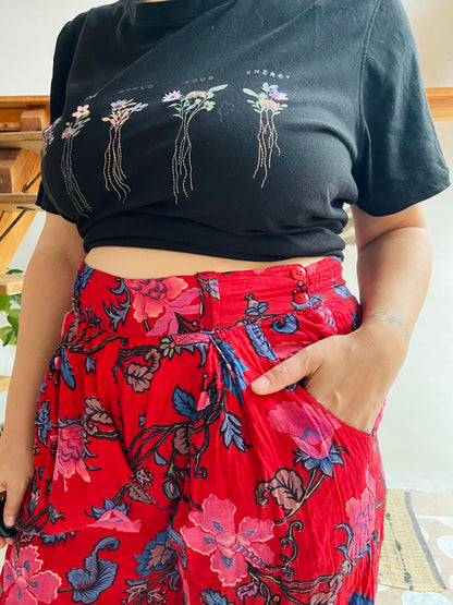 VINTAGE 90's Wide Leg Floral Red Trousers - M/L