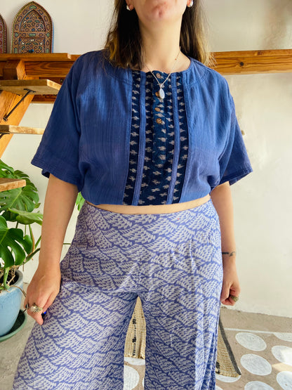 VINTAGE 90's Blue Bohemian Woven Short Sleeve Tunic Top - M/L