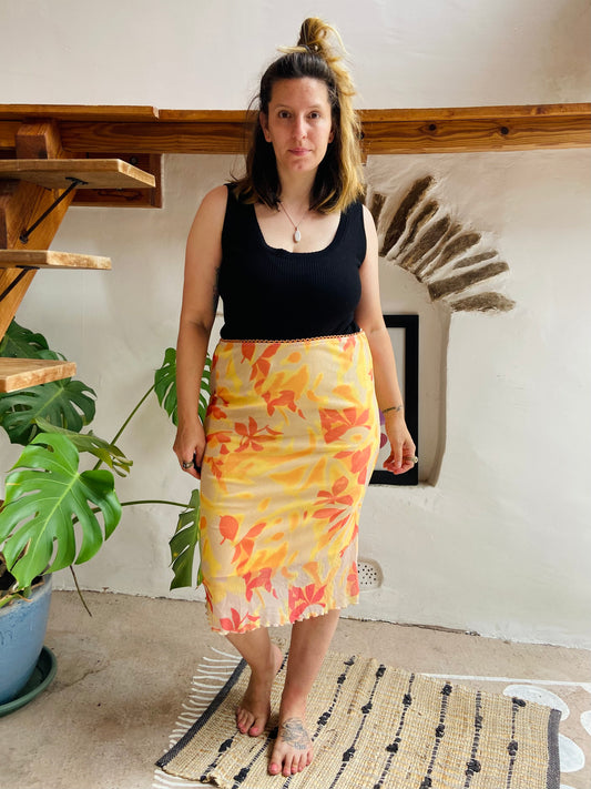 VINTAGE 90's Orange & Yellow Tube Midi Skirt - M