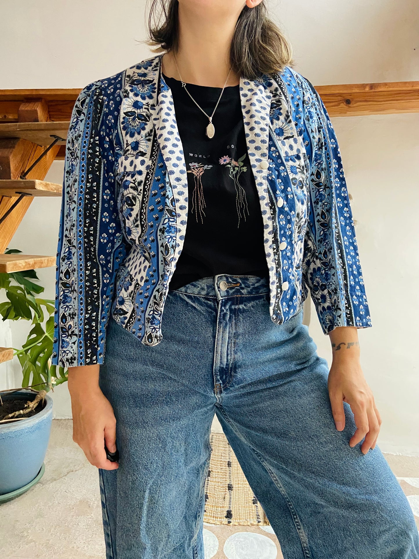 VINTAGE Blue Provencal Cotton Jacket - S/M