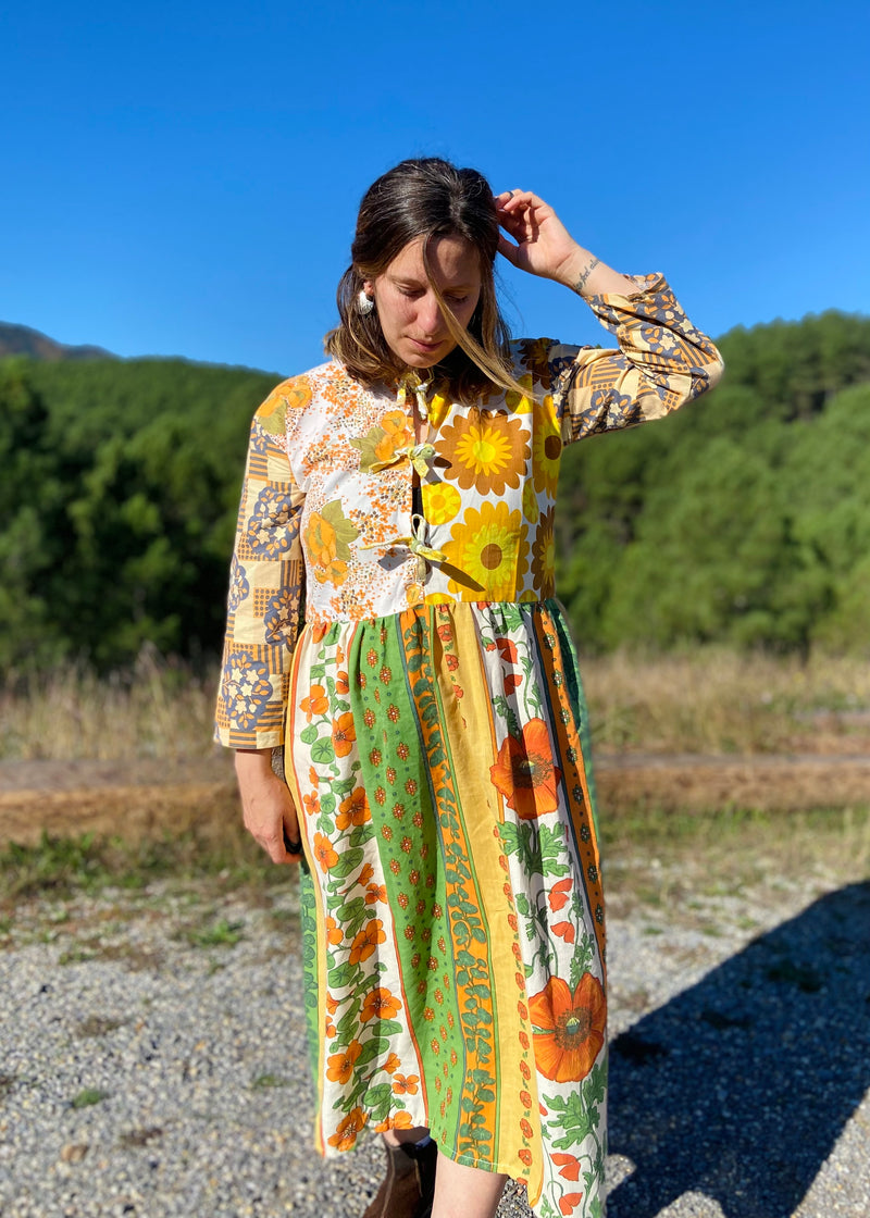 DESERT FOX Dahlia Midi Dress - 70's Orange Florals Tie Front - S/M