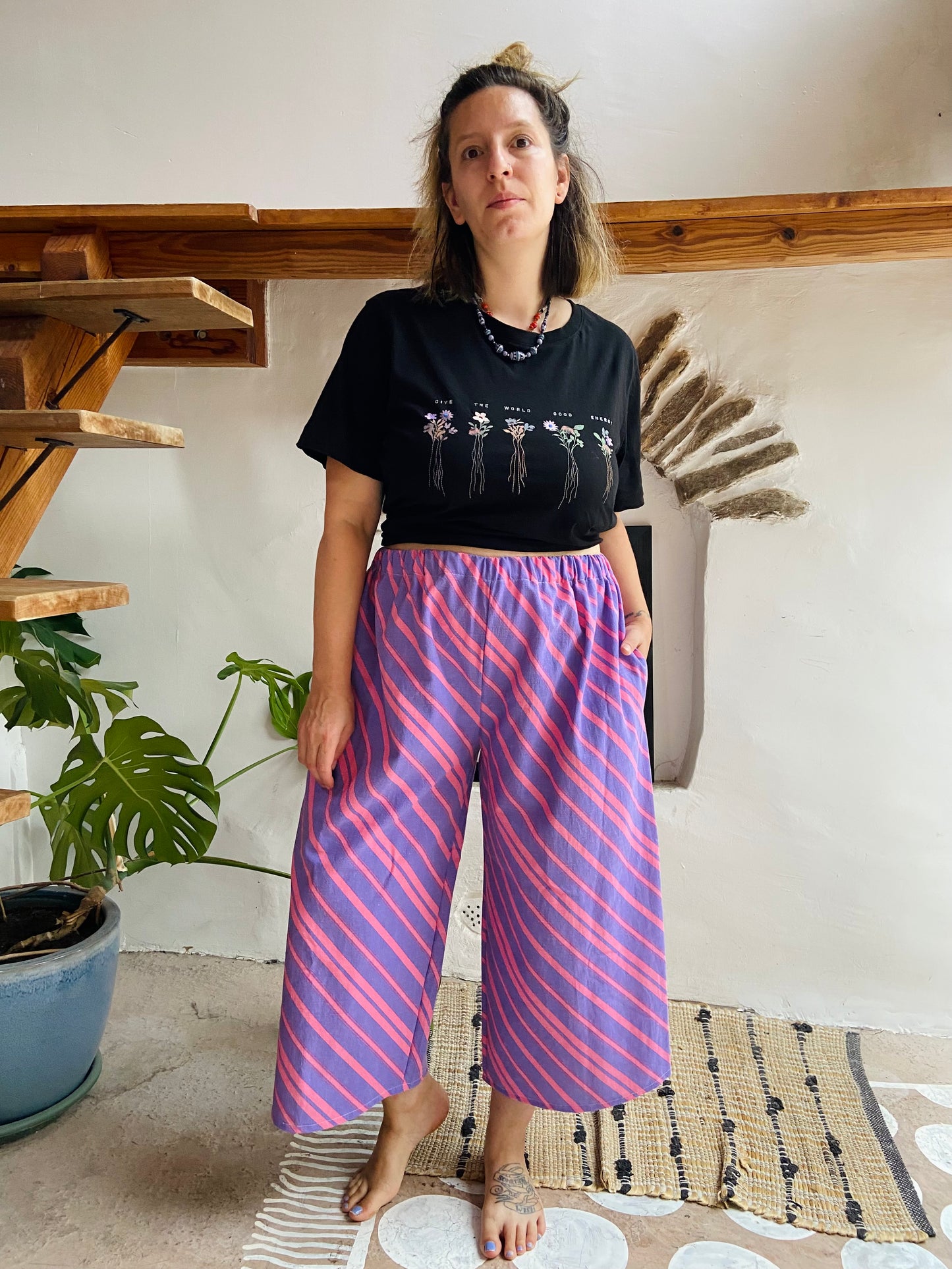 DESERT FOX Purple Chevron Stripe Wide Leg Trousers - M/L