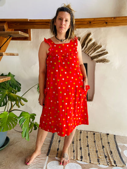 VINTAGE 80's Red Polkadot Midi Dress - M