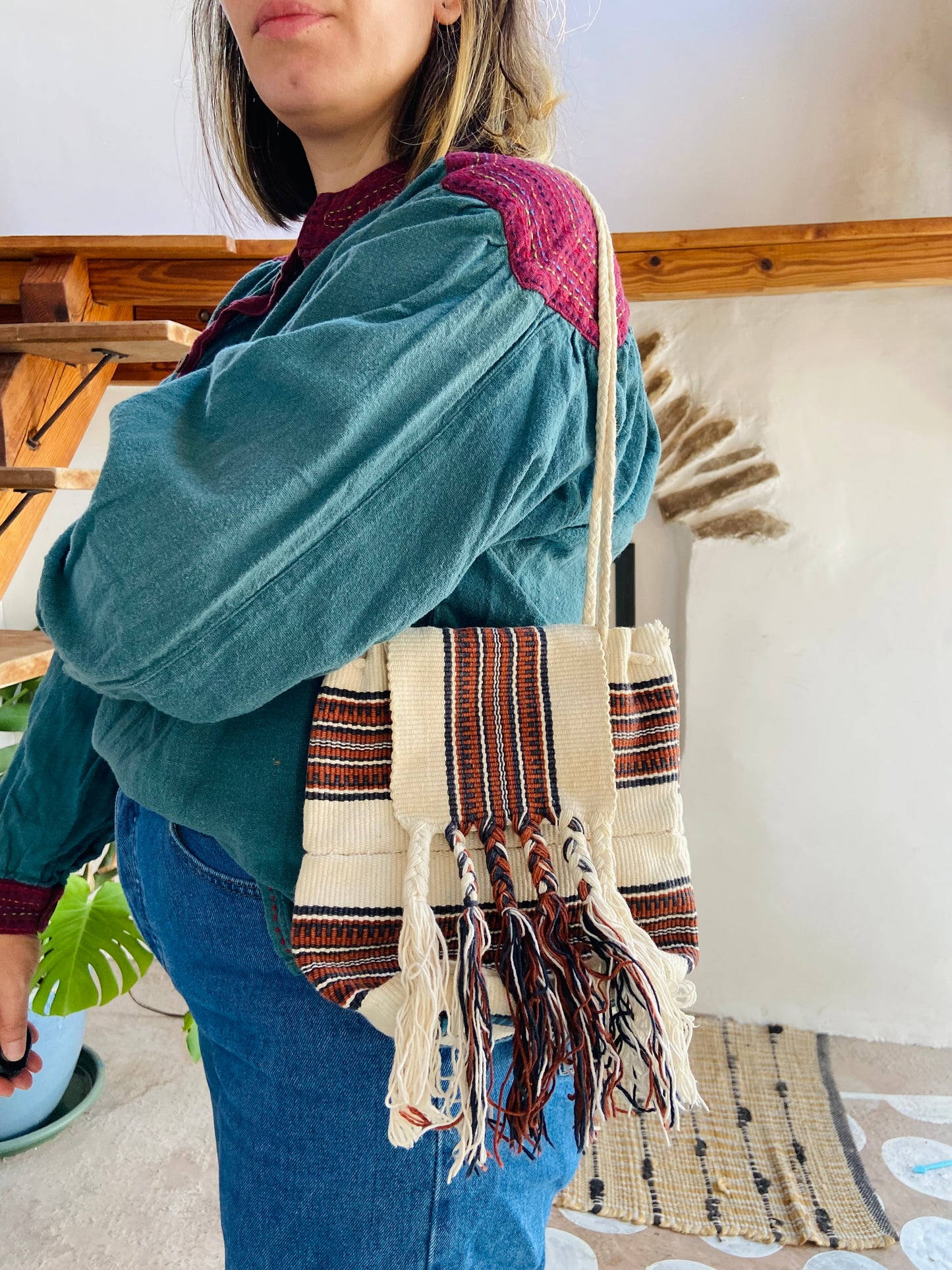 VINTAGE 90's Bohemian Fringe Cotton Shoulder Bag - ONE SIZE