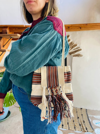 VINTAGE 90's Bohemian Fringe Cotton Shoulder Bag - ONE SIZE