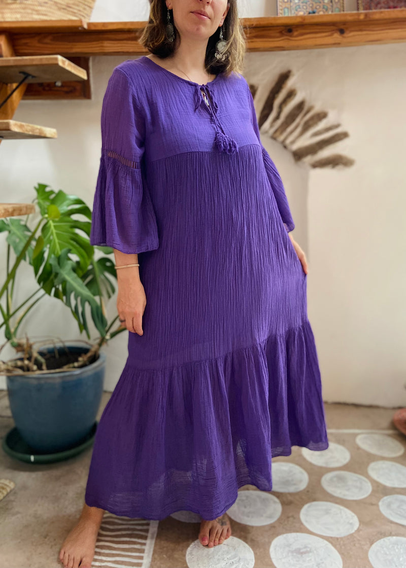 VINTAGE Y2K Purple Cotton Gauze Bell Sleeve Maxi Dress - L/XL