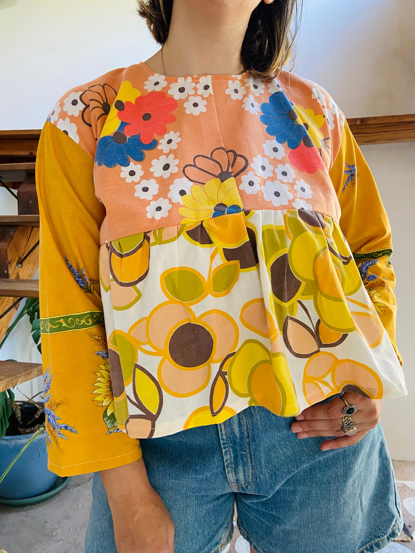 DESERT FOX Patchwork Orange Sunflower Floral Ruffle Top - M/L