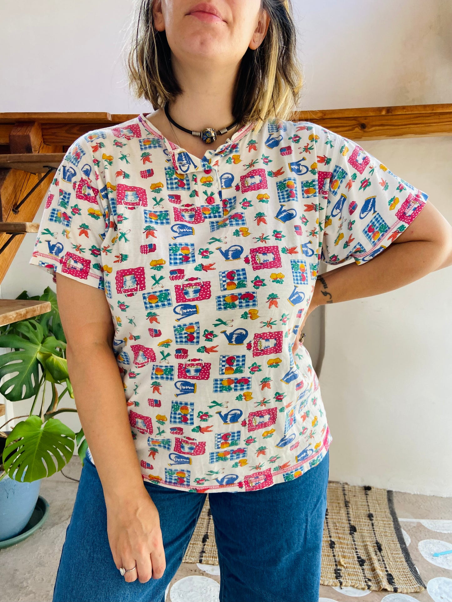 VINTAGE 90's Vegetable Pattern Short Sleeve T-shirt - M