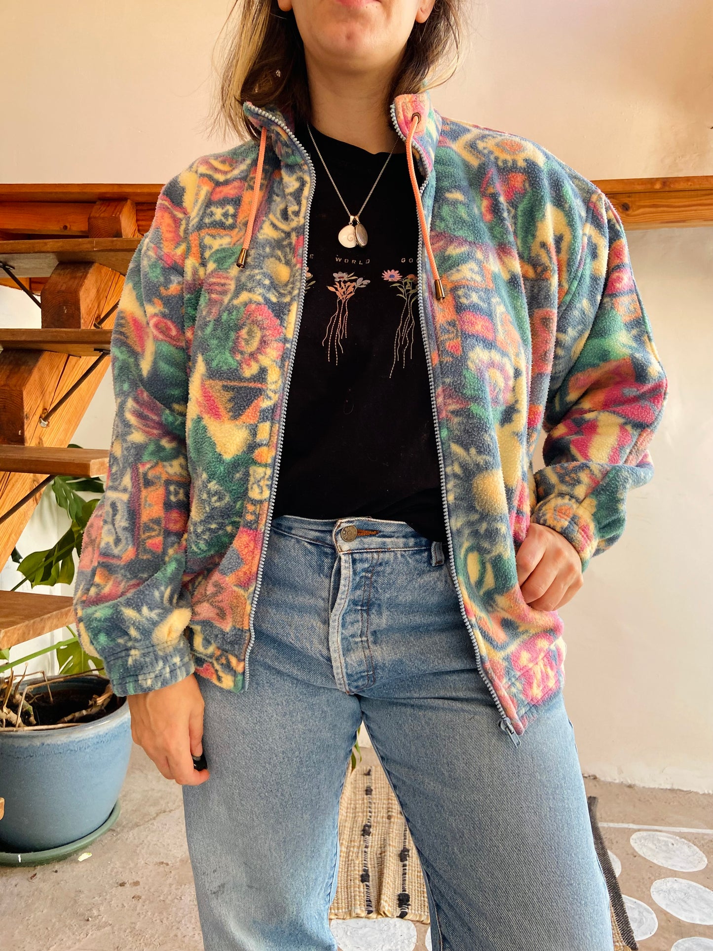 VINTAGE 90's Pastel Floral Zip Up Fleece - S/M