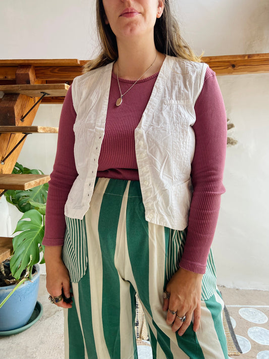 VINTAGE 90's White Cotton Pin Tuck Sleeveless Waistcoat Top - M/L