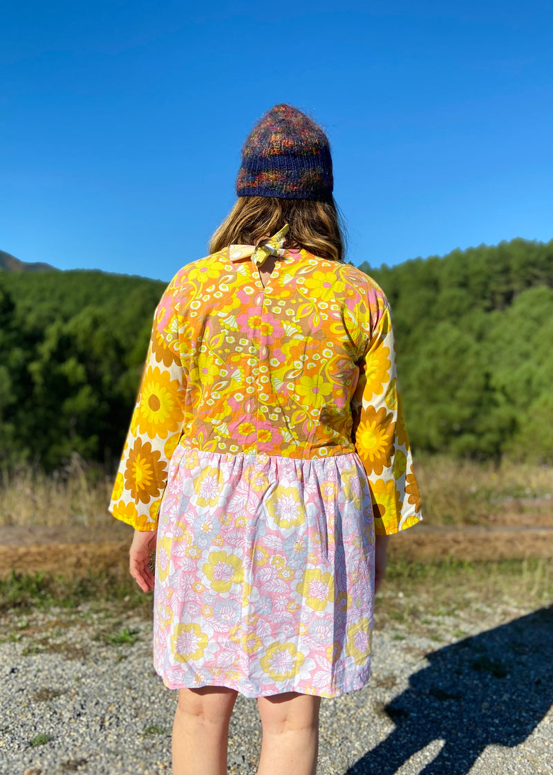 DESERT FOX Dahlia Dress - 70's Psychedelic Florals Tie Front - M/L