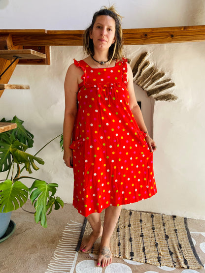 VINTAGE 80's Red Polkadot Midi Dress - M
