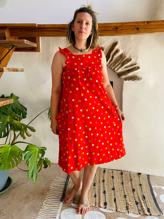 VINTAGE 80's Red Polkadot Midi Dress - M