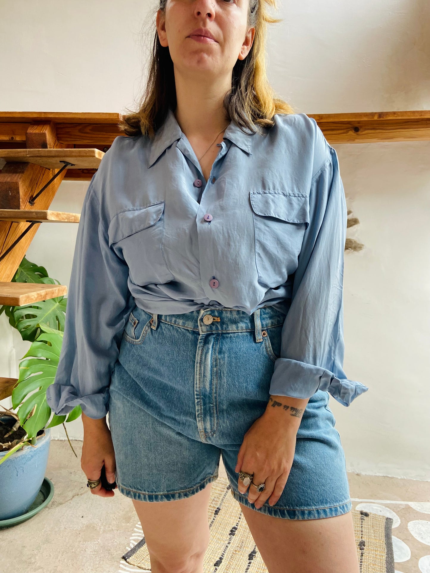 VINTAGE Pretty Blue Silk Long Sleeve Shirt - M/L