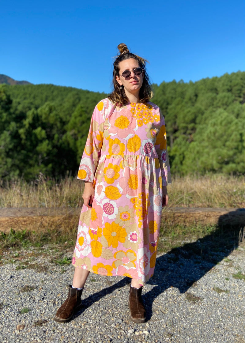 DESERT FOX Dahlia Midi Dress - Pink & Orange 70's Florals - M/L