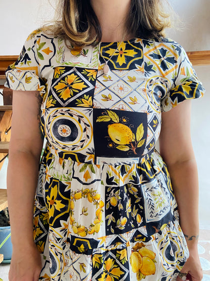 VINTAGE 70's Lemon Patchwork Print Cotton Sun Dress - S