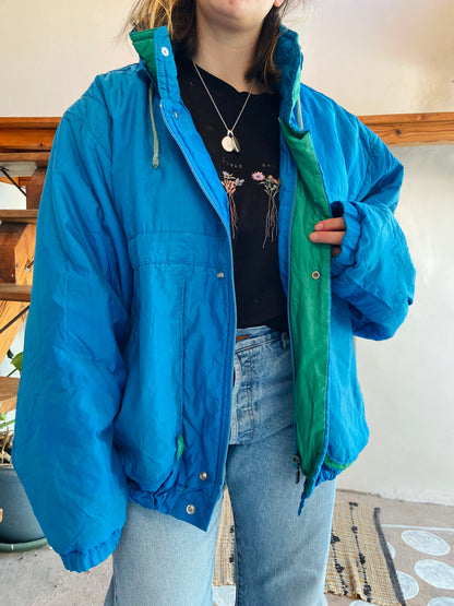 VINTAGE 80's Retro Blue & Green Raincoat Funky - L/XL