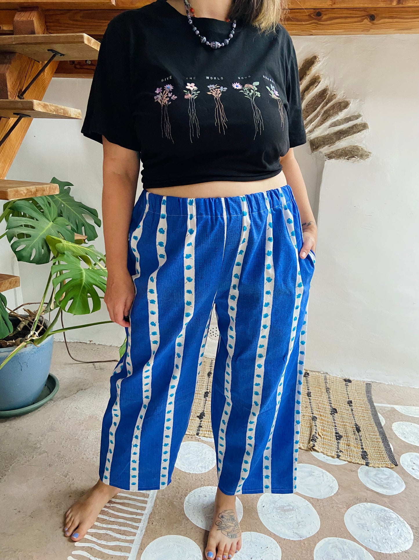 DESERT FOX Lola Floral Blue Stripe Wide Leg Trousers - M/L