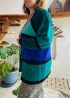 VINTAGE 80's Block Print Blue & Green Long Sleeve Cardigan - S/M