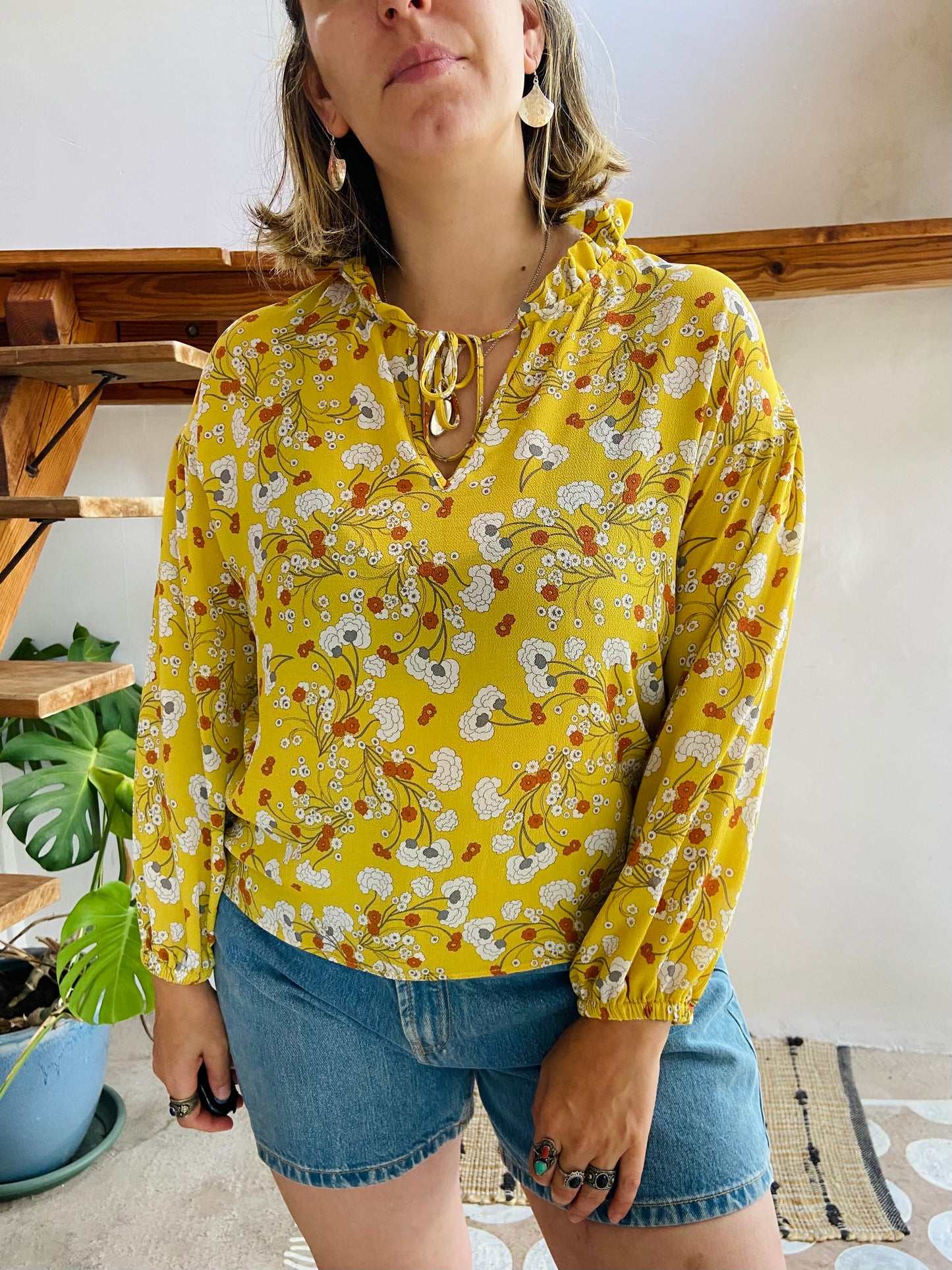 VINTAGE Y2K Yellow Floral Bohemian Blouse - M/L