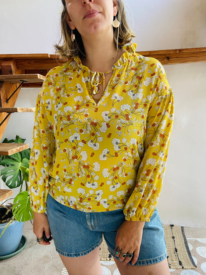 VINTAGE Y2K Yellow Floral Bohemian Blouse - M/L