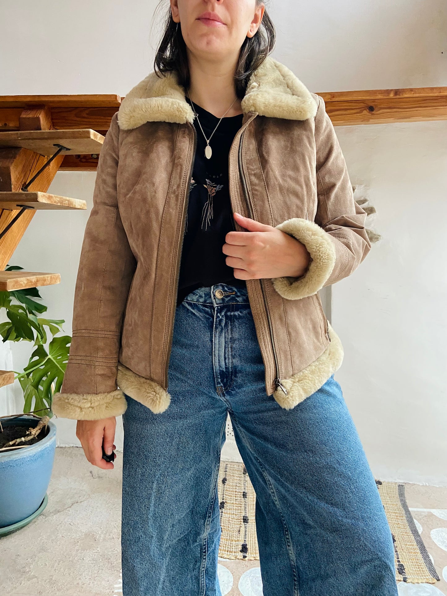 VINTAGE Retro Suede Tan Faux Fur Jacket Coat - M/L