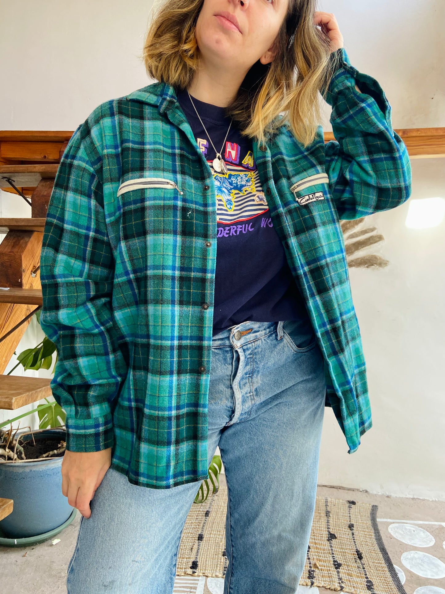 VINTAGE 90’s Flannel Checked Blue & Green Long Sleeve Shirt - L