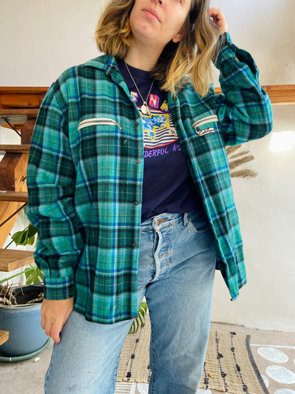 VINTAGE 90’s Flannel Checked Blue & Green Long Sleeve Shirt - L